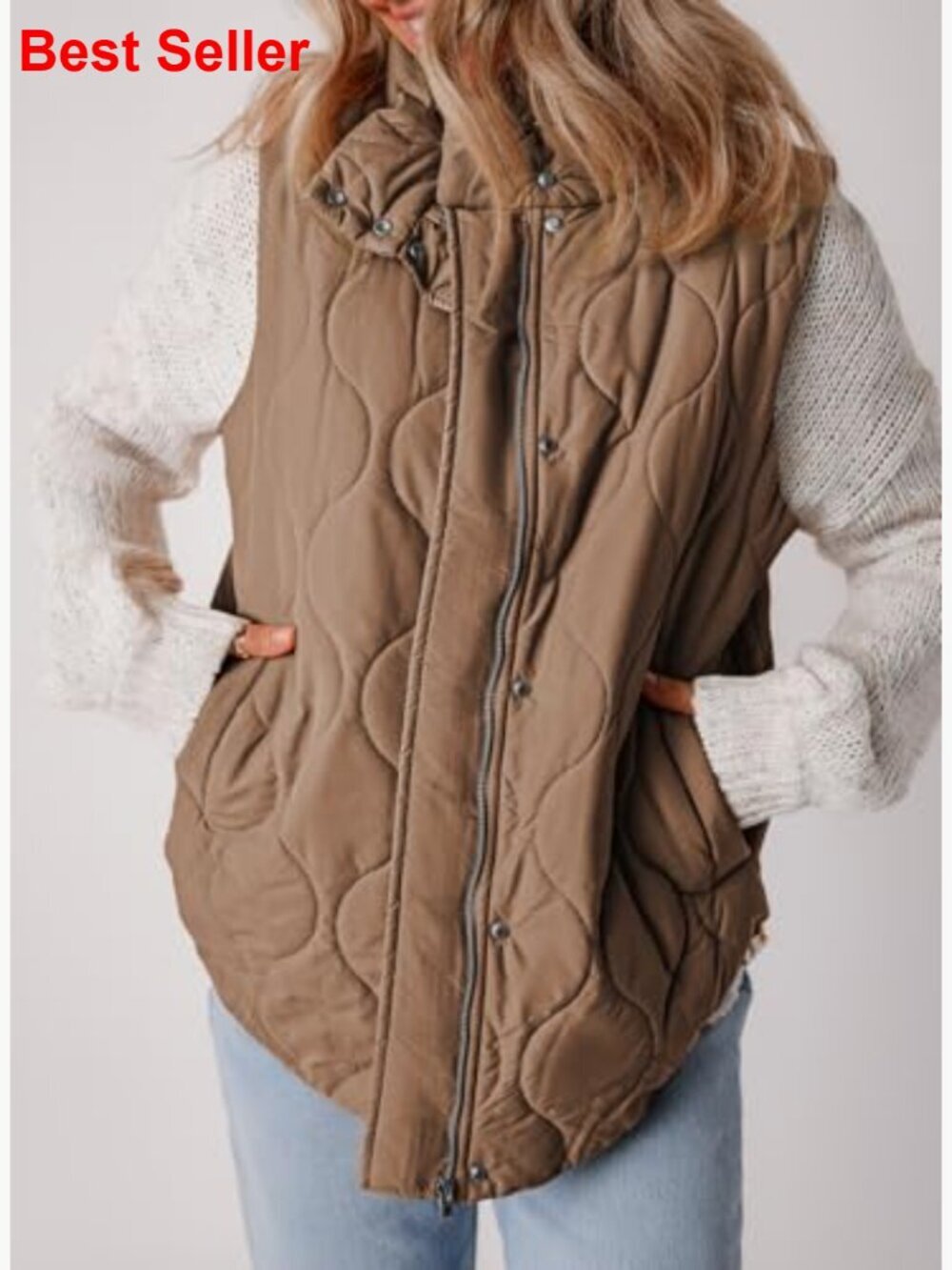 Lightweight Quilted Puffer Vest with Stand Collar and Button Zip Up - Picture 5 of 7